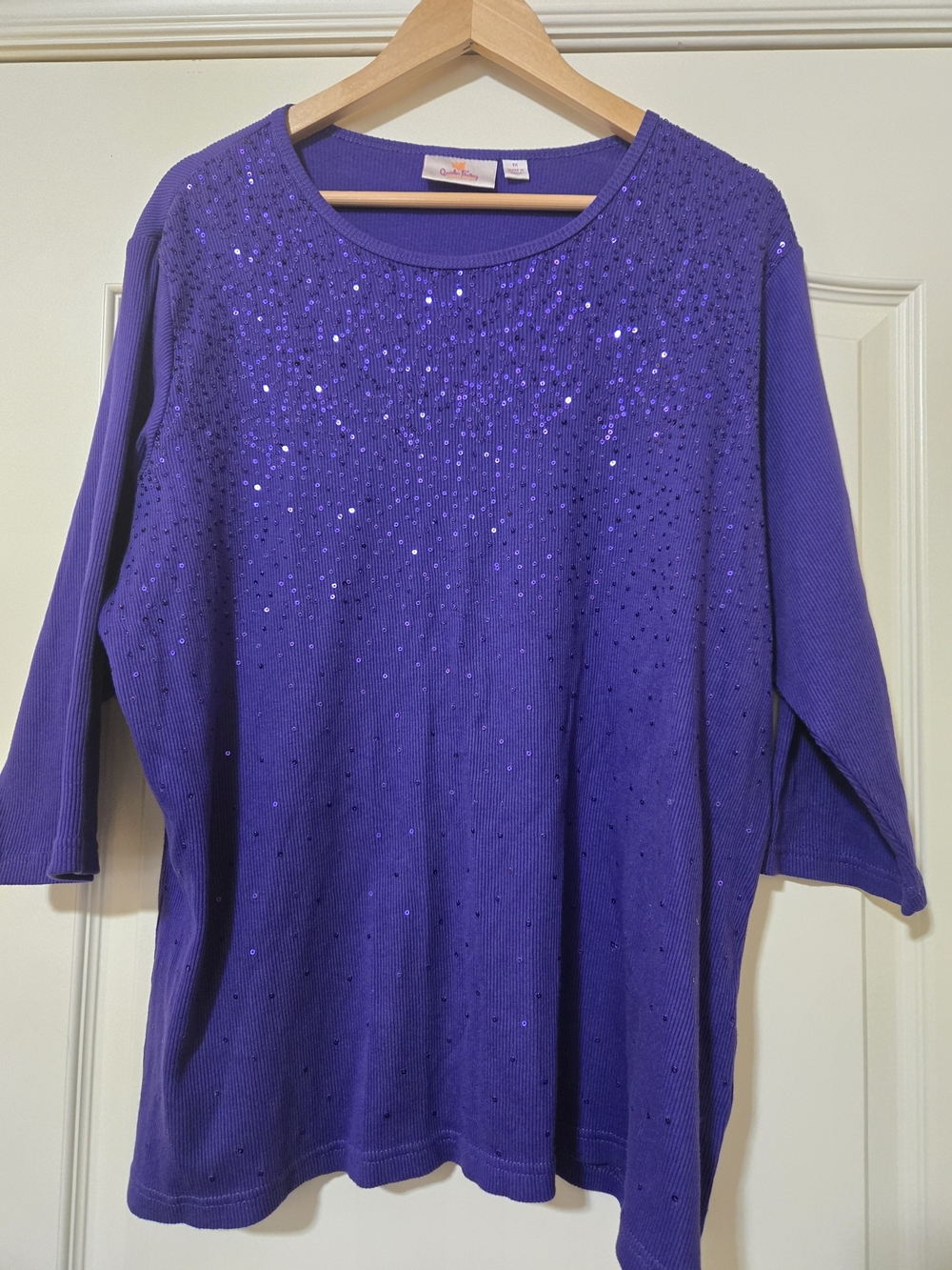 Quacker Factory Purple Sequin Scoop Neck Long Sleeve Cotton Top